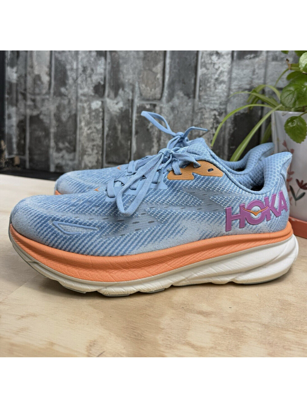 HOKA Clifton 9 Wide Women’s Blue/Orange Low Top Lace-Up Mesh Running Shoes